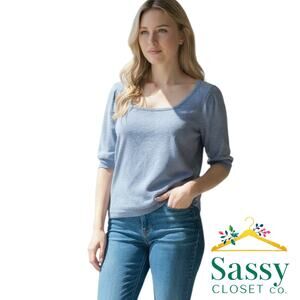 Dear John Blue Sweater Square Neck Puff Sleeve Tailored Knit Top Size L EUC